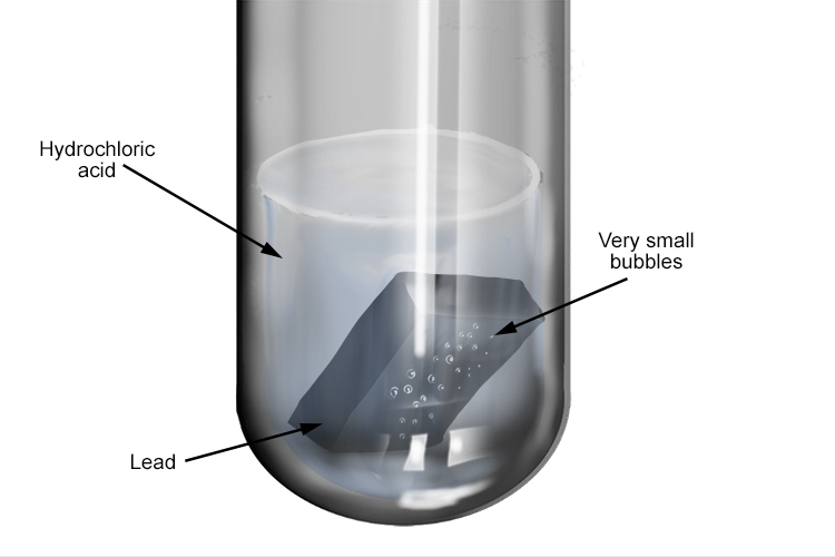 Lead reacts very slowly to hydrochloric acid producing very tiny surface bubbles